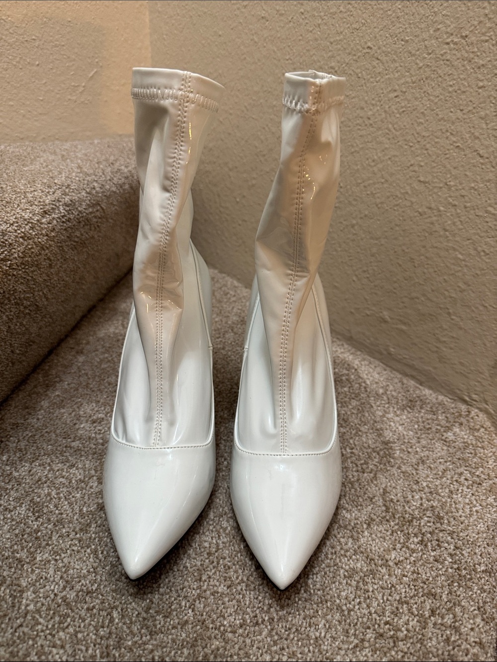 Fashion Nova White Pointed Sock Heeled Boots